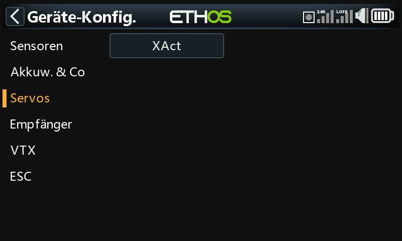 Ethos Geräte-Konfig.: Kategorie Servos mit dem Eintrag XAct.