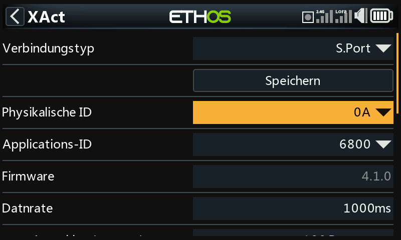 Ethos XAct-Menü: Verbindungstyp S.Port, Physische ID 0A, Applications-ID 6800, Servo-Firmware 4.1.0, Datenrate 1000 ms.