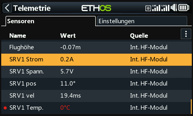 Ethos Telemetrie nach der Sensorsuche: Sensoren SRV1 mit Strom, Spannung, Position, Geschwindigkeit und Temperatur, daneben weitere Sensoren.