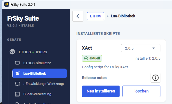 FrSky Suite 2.0.1: Installation des offiziellen Lua-Konfigurationsskripts „XAct“ (v2.0.5) über die Lua library.